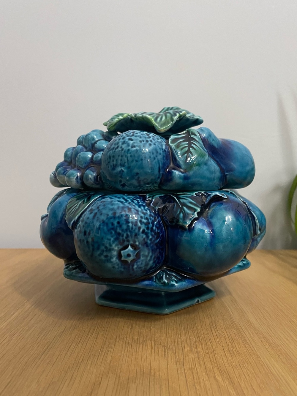 Vintage Inarco Mood Indigo Blue Ceramic Fruit Candy Cookie Jar Canister Japan